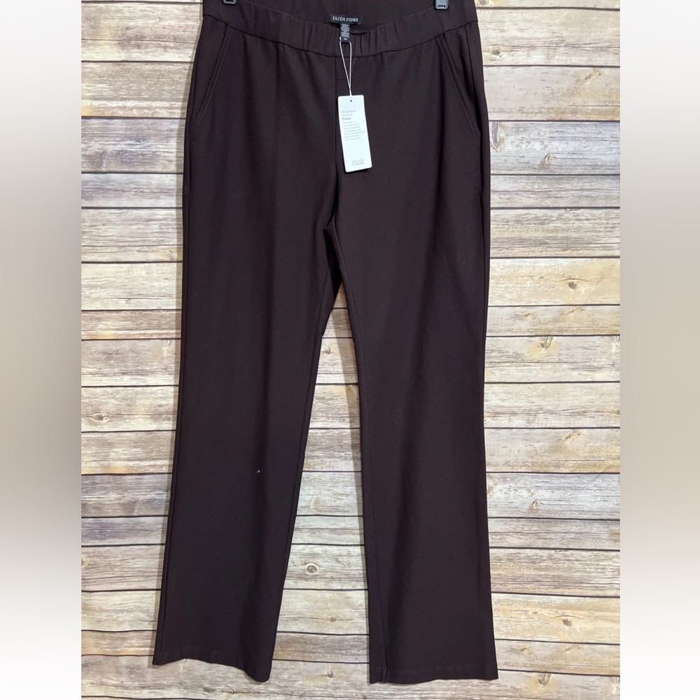 EILEEN FISHER stretch Straight Leg Pants S/P Dark Brown DKBST Pull-On NWT $178